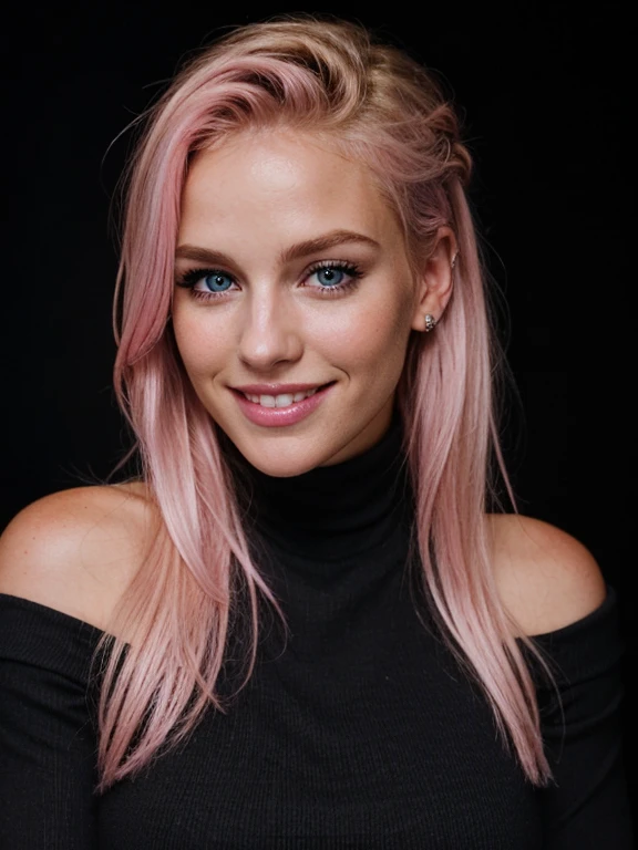 a closeup dark upper body shot photo of a blonde with perfect eyes, smile,pink hair, dark background