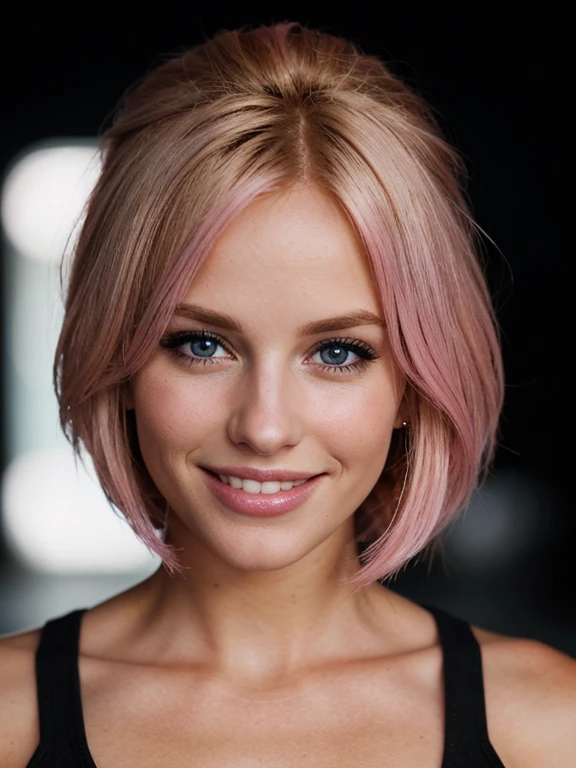 a closeup dark upper body shot photo of a blonde with perfect eyes, smile,pink hair, dark background