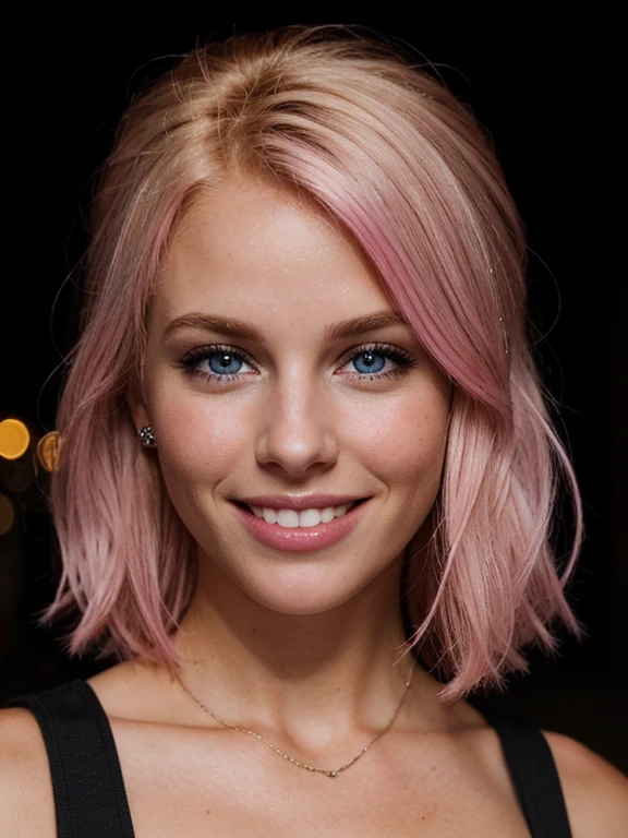a closeup dark upper body shot photo of a blonde with perfect eyes, smile,pink hair, dark background