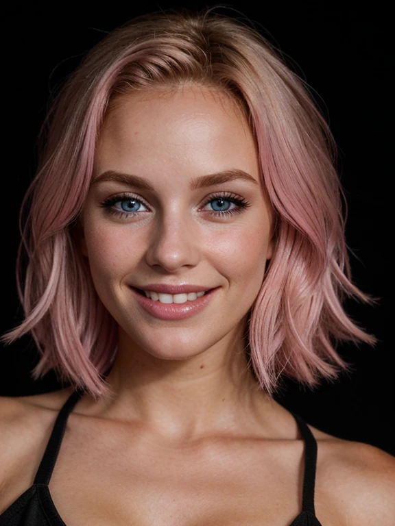 a closeup dark upper body shot photo of a blonde with perfect eyes, smile,pink hair, dark background