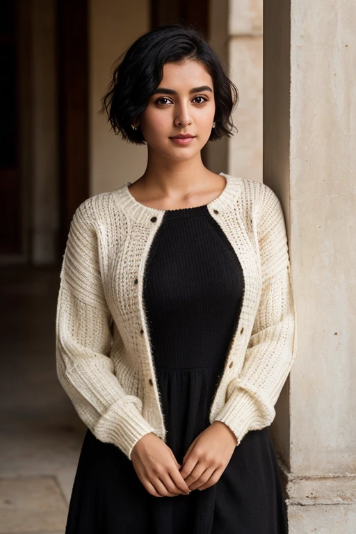 instagram photo, 21yo french woman, short hair, black hair, closeup portrait, sweater, cleavage, pale, hard shadows. Make Indian Version of this don't change Dress Colour