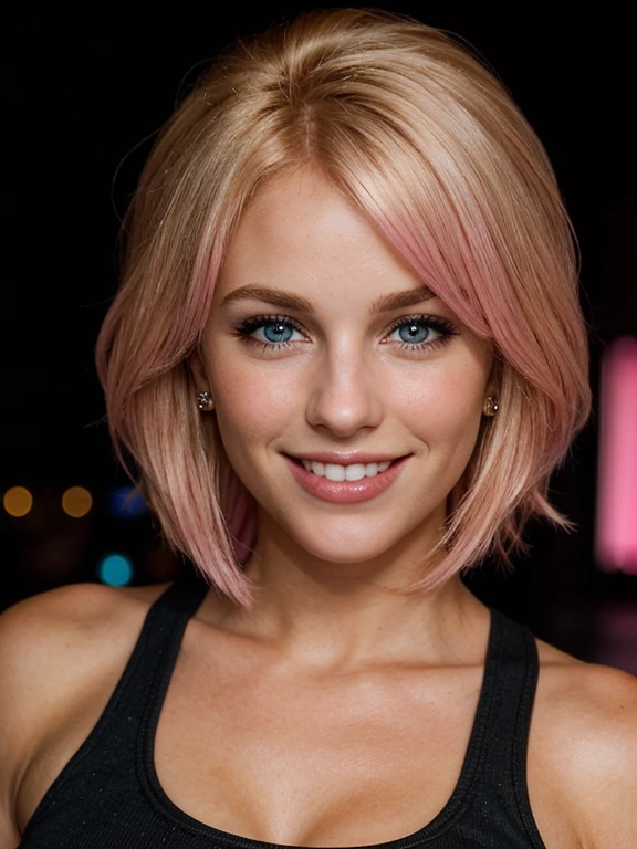 a closeup dark upper body shot photo of a blonde with perfect eyes, smile,pink hair, dark background
