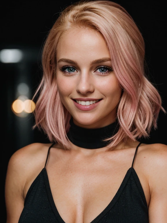 a closeup dark upper body shot photo of a blonde with perfect eyes, smile,pink hair, dark background