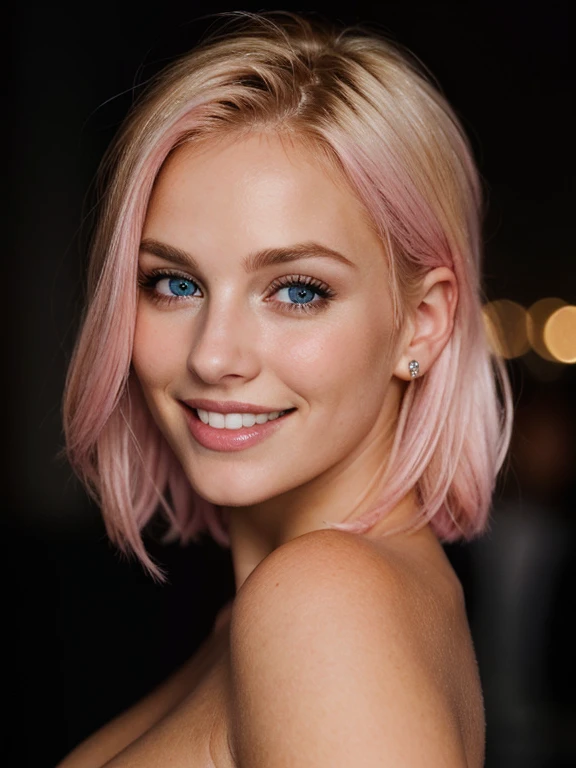 a closeup dark upper body shot photo of a blonde with perfect eyes, smile,pink hair, dark background