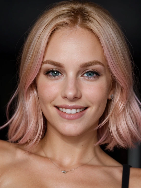 a closeup dark upper body shot photo of a blonde with perfect eyes, smile,pink hair, dark background