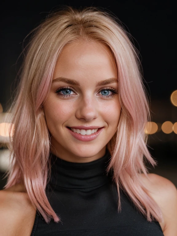 a closeup dark upper body shot photo of a blonde with perfect eyes, smile,pink hair, dark background