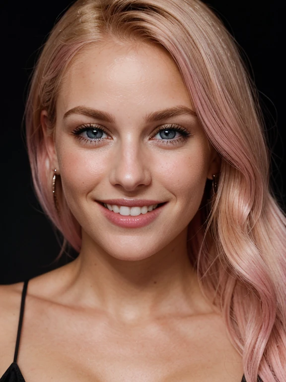 a closeup dark upper body shot photo of a blonde with perfect eyes, smile,pink hair, dark background