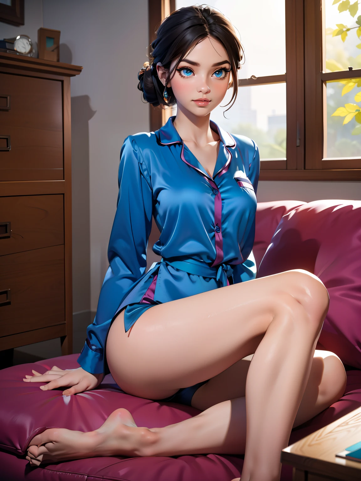 (Masterpiece: 1.5), (Best Quality: 1.5), (full body), 1girl, solo, brunettes wrap updo hair, huge breasts, makeup, parted lips, upper body, lips, blue eyes, realistic, collarbone, lipstick, eyeshadow,  perfect face, perfect eyes, subsurface scattering, medium breasts, wide hips, wearing ((dark aqua satin shirt, satin shorts pyjamas)), sitting on sofa, living room, ultra-high details,