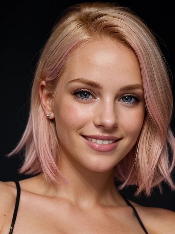 a closeup dark upper body shot photo of a blonde with perfect eyes, smile,pink hair, dark background