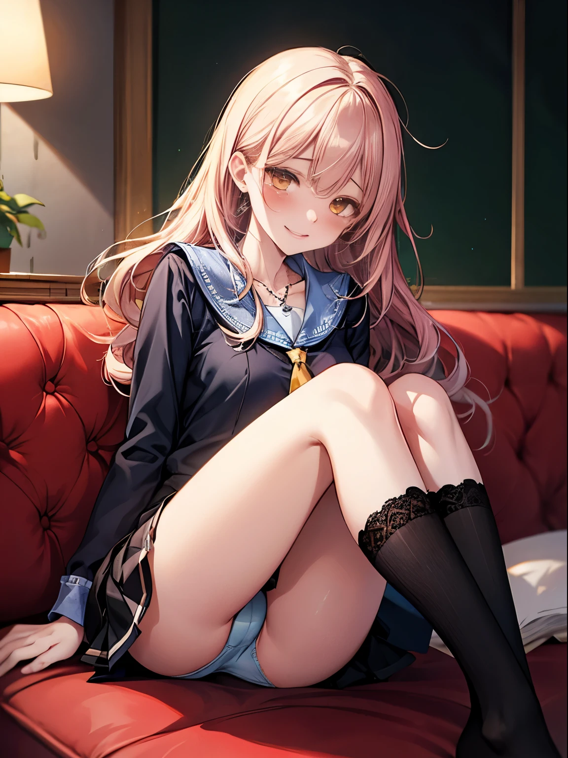 photorealisim、top-quality、超A high resolution、a picture、Extraordinary beautiful girl、Highlights of cheek luster、Detailed cute and beautiful face、(pureerosface_v1:0.008)、Beautiful bangs、Glowing white shiny skin、Bangs between the eyes、shiny and beautiful hair、Silky hair、finer hair、High-definition eyes、Beautiful, Bright and clear, Small eyes、eye liner、Double eyelids、Full body like、red blush、embarrassed from、shiny little necklace and earrings, shiny lips: 1.4, (Shy laughter)、Kamimei、red blush、Tears are embarrassing、(fantasy school academy uniform), ((Blue lace panties))、((Open knees))、((open one's legs))、((Disheveled clothes))、((Dressing))、Puffy nipple、Neat and clean female 20-year-old female teacher、pink hair, bangs flowing diagonally, Medium Wave Long Hair, (yellow eyes), medium breast size, (sit on red sofa), (black stocking)