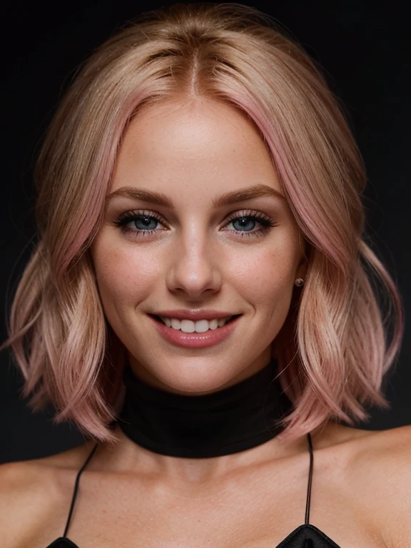 a closeup dark upper body shot photo of a blonde with perfect eyes, smile,pink hair, dark background