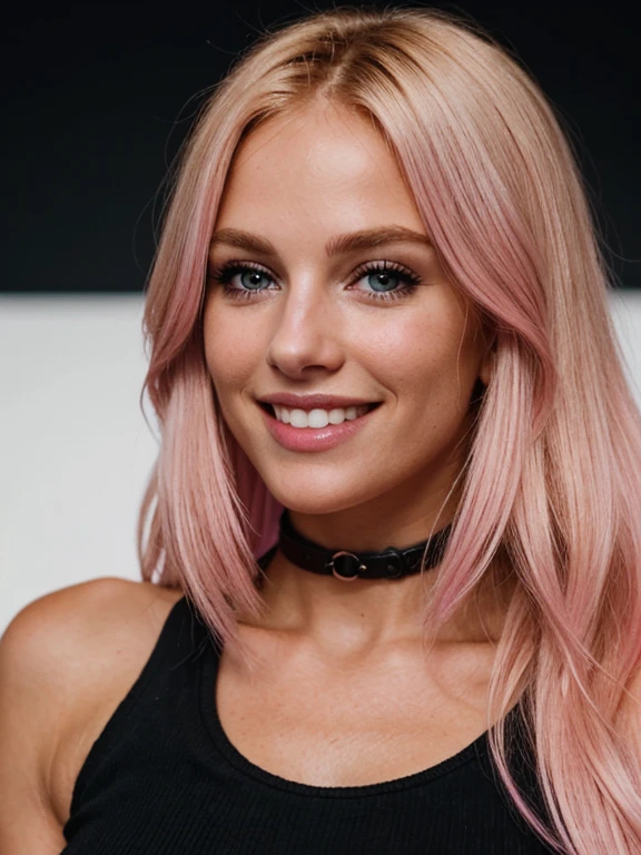 a closeup dark upper body shot photo of a blonde with perfect eyes, smile,pink hair, dark background