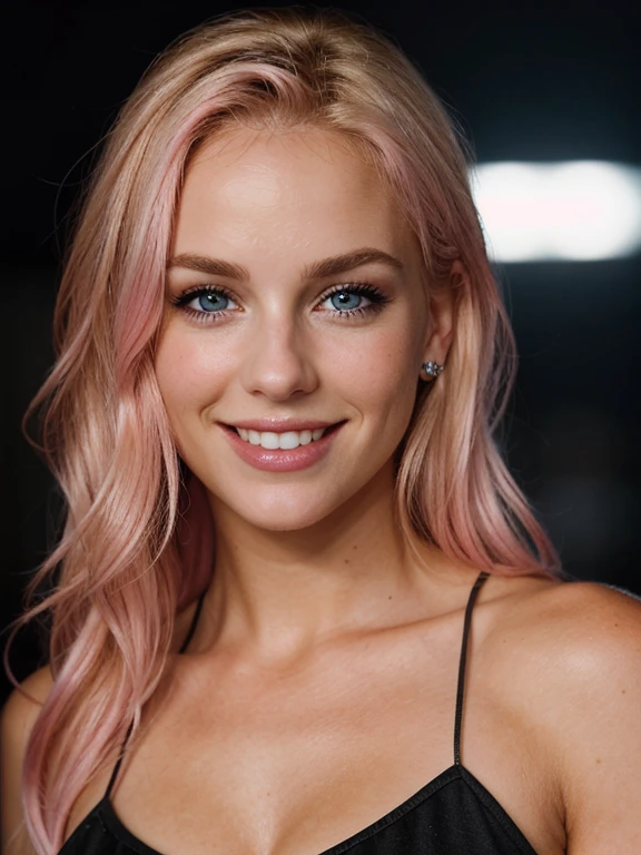 a closeup dark upper body shot photo of a blonde with perfect eyes, smile,pink hair, dark background