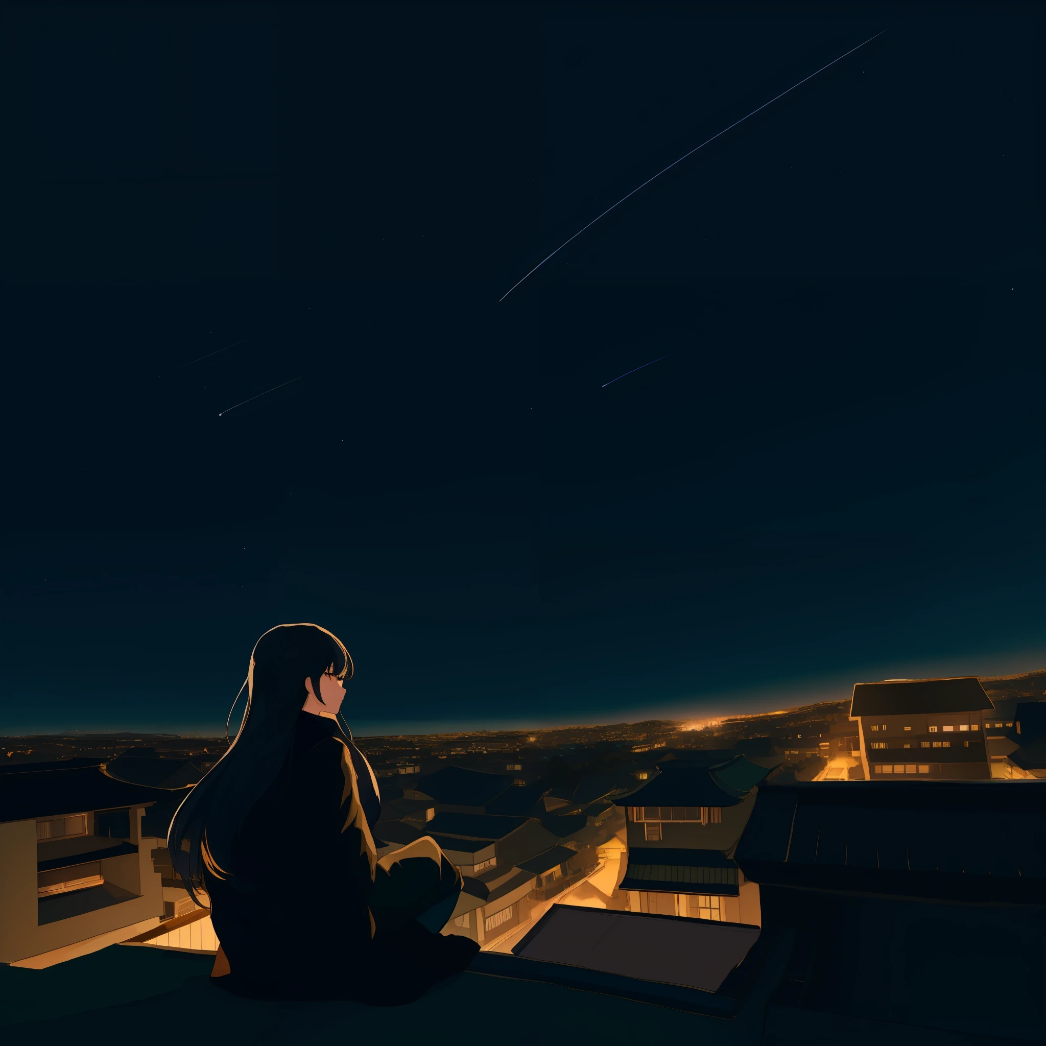 Night sky with stars and a man sitting on the roof, calm night. digital illustration, look at the stars, girl sitting on the roof, Xin Haicheng. digital rendering, girl looks at the space, look at the stars at night, night under the stars, look at the stars, Xin Haicheng. octane rendering, Starry sky environment under moonlight，The night sky is brighter，little girl&#39;s outline is illuminated