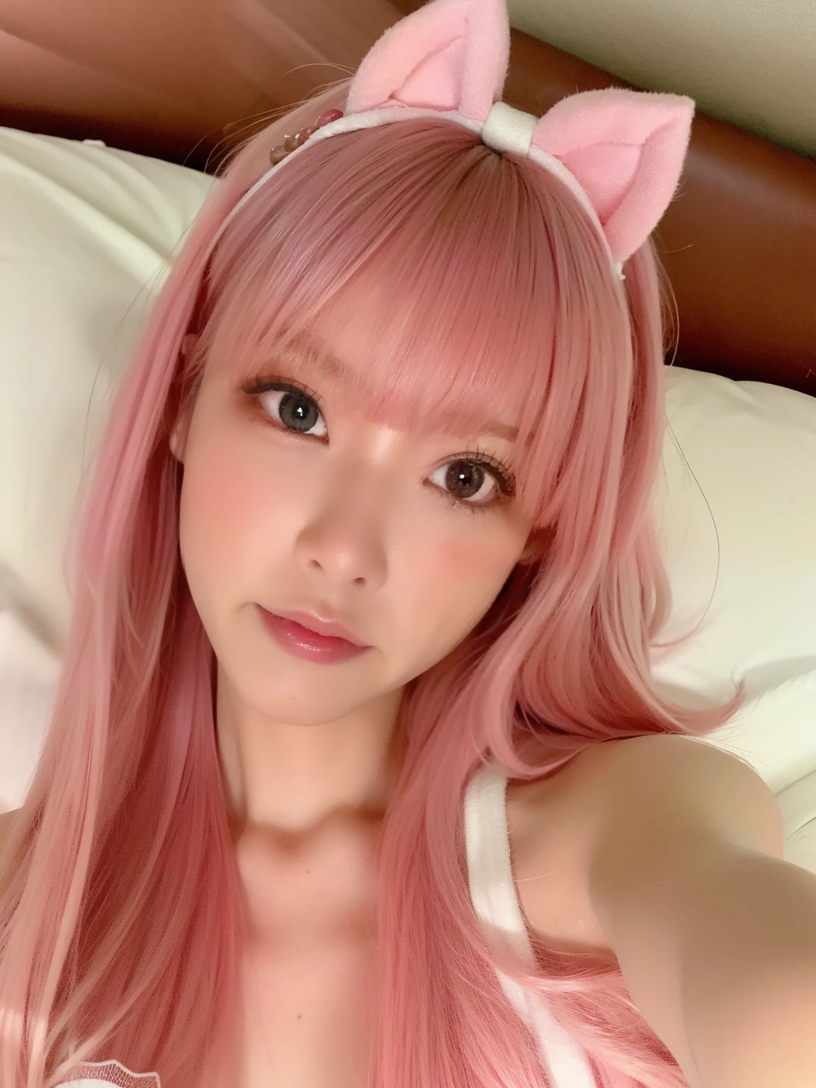 (8K, 4K, highest quality, High resolution:1.2), (marster piece, realistic, realistic写真:1.37), 1 girl, alone, beautiful face, eyelash, nose, glossy lips, (fine eyes, view viewer, Fair skin, white skin:1.5), Fine complexion, full body esbian,bare chest，bed，
 Wear a swimsuit
Both sides facing up, ridiculously long hair, blonde hair, pink hair, bangs, hair ornaments, bow,
young,