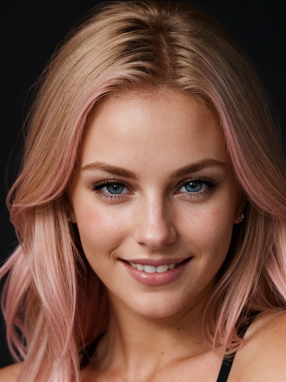 a closeup dark upper body shot photo of a blonde with perfect eyes, smile,pink hair, dark background