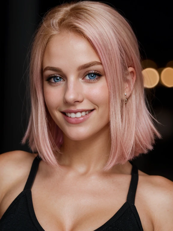 a closeup dark upper body shot photo of a blonde with perfect eyes, smile,pink hair, dark background