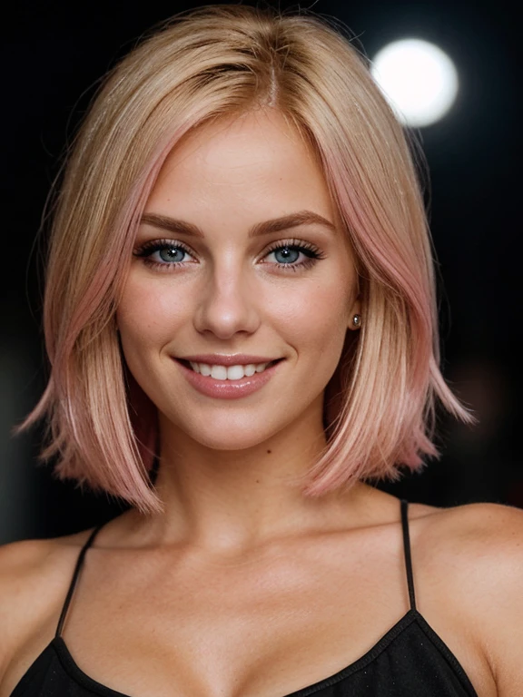 a closeup dark upper body shot photo of a blonde with perfect eyes, smile,pink hair, dark background