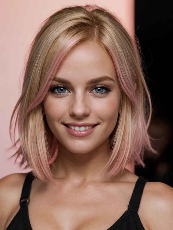 a closeup dark upper body shot photo of a blonde with perfect eyes, smile,pink hair, dark background