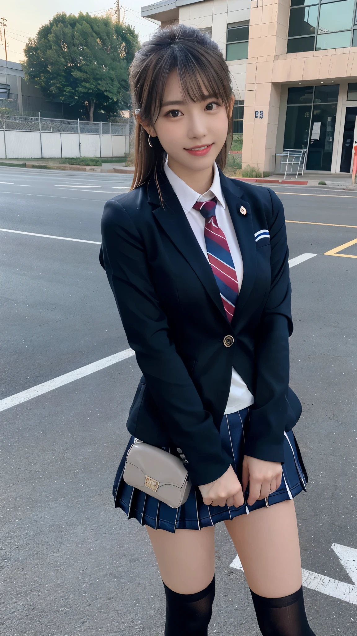 mix 4, (16k, RAW photo, best image quality, masterpiece: 1.45), (realistic, Photoreal: 1.37), one girl, cute, cityscape,, professional lighting, photon mapping, school classroom, Physically based rendering, dark brown hair,ponytail hairstyle, Beautiful well-groomed eyes、((double eyelid))、super cute girl, (((、blazer、Long-sleeved shirts worn by Japanese high school girls、ribbon tie、Navy blue super super mini skirt,、dark blue socks、black loafers))), highest quality photos, High resolution, 1080P, (clean face), (Detailed facial description), (Detailed explanation of hands), (masterpiece), (Detailed CG)、extreme light and shadow、messy hair、master work、Rich details、(detailed facial features)、(highest quality photos)、(Masseter muscle part)、(fine eyes)、look in front of you、thin clavicle、((slender and large))、(((Japanese high school girls wear long-sleeved shirts)))、((neat idol))、((school gate、schoolyard、School building in the background))、(Take photos from random viewpoints)、(((anyway that&#39;s cute)))、earrings、big smile、Draw the whole body from the knees、Don&#39;t draw thin lines、(((Sports bags used by Japan schoolgirls)))、(small breasts:1.2)、small buttocks with tension、Two arms and two legs、(((from the front:0.7)))、bare hands、(((symmetrical eyes)))、standing pose、put one&#39;s hand on the desk、Do not remove the tie from the jacket､Skirt length is quite short，