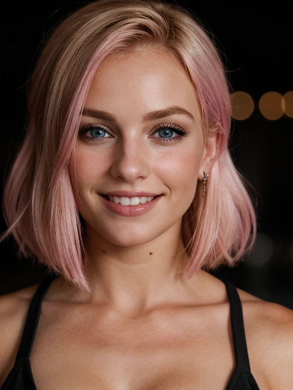 a closeup dark upper body shot photo of a blonde with perfect eyes, smile,pink hair, dark background