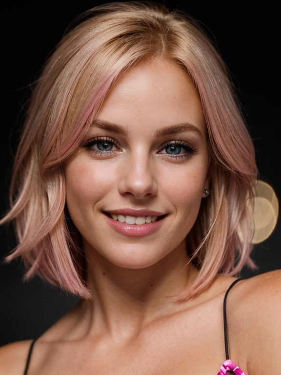 a closeup dark upper body shot photo of a blonde with perfect eyes, smile,pink hair, dark background