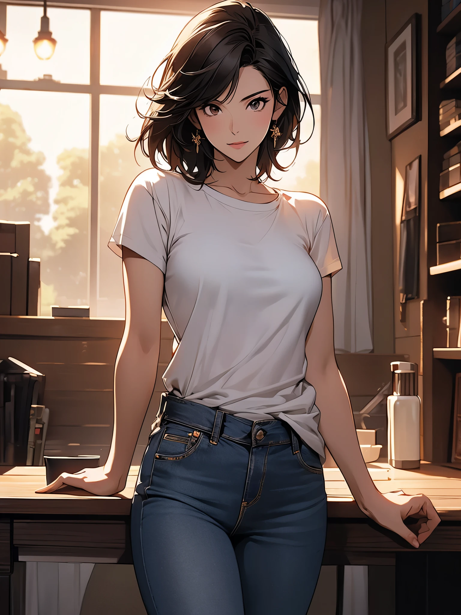 (masterpiece, best quality, Super detailed, high resolution, Extremely detailed CG, official art, professional lighting, perfect anatomy, anime colours), character table, whole body, full of details, Various poses and expressions, Very detailed, depth, Many parts, 1 lady, Asian woman wearing jeans, black hair, short hair, side lock, straight hair, brown eyes, t-shirt,