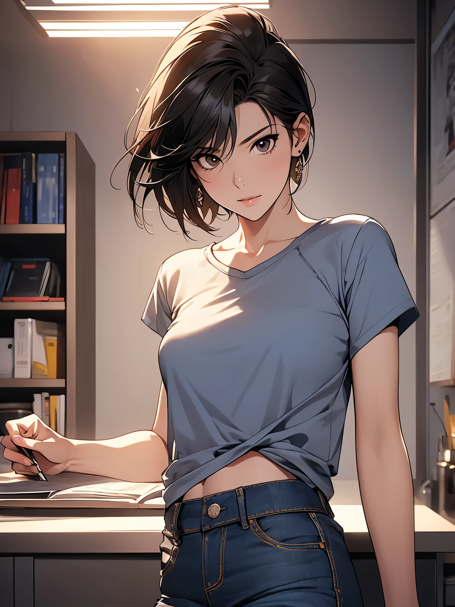 (masterpiece, best quality, Super detailed, high resolution, Extremely detailed CG, official art, professional lighting, perfect anatomy, anime colours), character table, whole body, full of details, Various poses and expressions, Very detailed, depth, Many parts, 1 lady, Asian woman wearing jeans, black hair, short hair, side lock, straight hair, brown eyes, t-shirt,