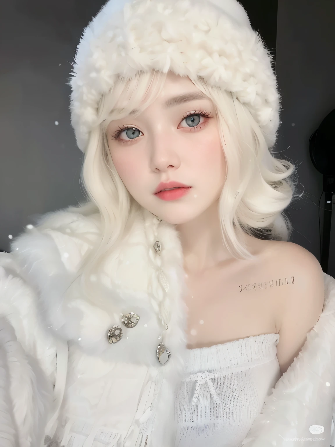 a close up of a person wearing a white coat and a hat, pale snow white skin, with white long hair, white hime cut hairstyle, pale porcelain white skin, with long white hair, her hair is white, perfect white haired girl, ulzzang, porcelain white skin, pale milky white porcelain skin, white bangs, white curly hair, ivory pale skin