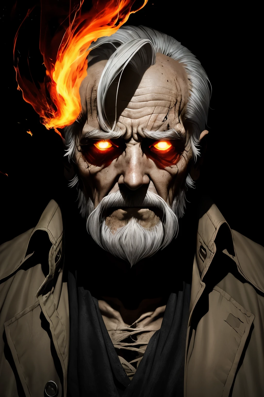 A chilling and suspenseful portrait of a very old man, hunched over and barely clinging to life. His waist up is visible, revealing a mere skeletal frame clad in tattered and torn rags. Half of his face has been distorted and melted, leaving only one penetrating and evil gaze, framed by sparse gray hair and pale, wrinkled skin. His yellowish pupils seem to burn with an inner fire that only adds to the fear and horror emanating from him. Thick plumes of red coloured smoke and dark gas rise in the background, shrouding the scene in a thick mist and fog. The man's long black cloak billows in the