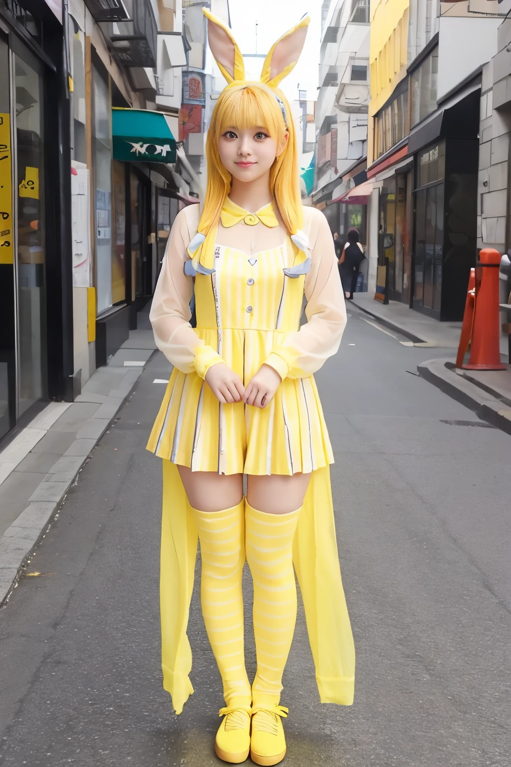 fairy tale bunny girl、yellow striped leotard bunny suit、Full body Esbian、、 fluorescent yellow hair、