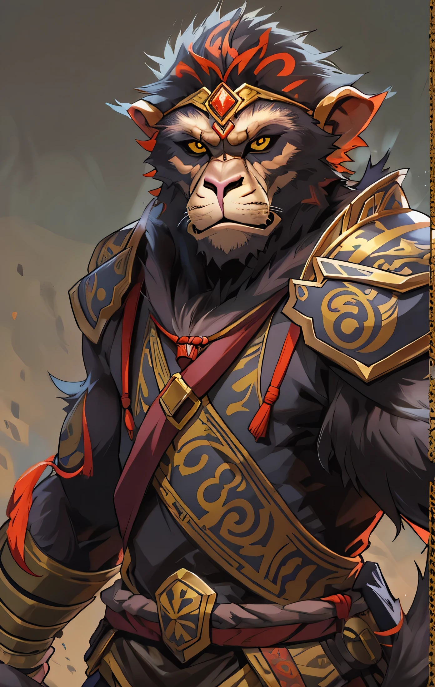 monkey warrior, Armor,Full body standing sideways,Fantasy setting, Character Concept, Character Art, character portrait, comic books, best quality, best resolution, 4K, vivid colors, vivid, high detail, Supreme details, confident pose, extrovert, See below, serious expression, turn the angle sideways, Upper body in detail, face access screen, Upper body close-up
