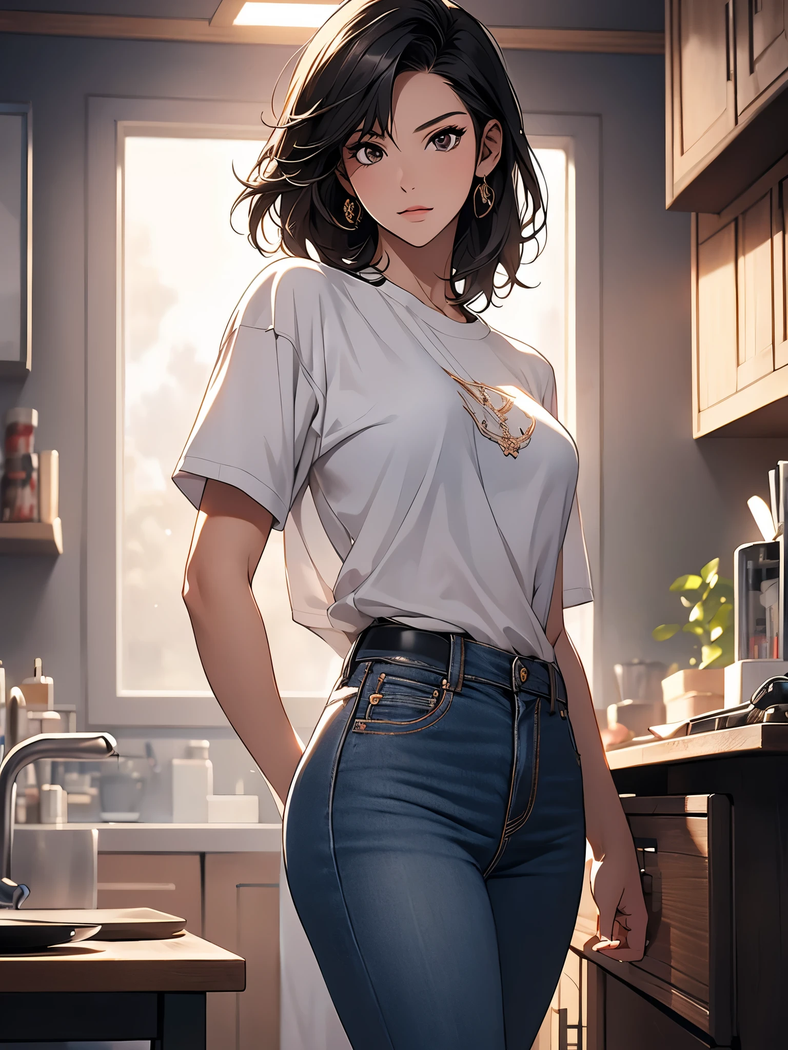 (masterpiece, best quality, Super detailed, high resolution, Extremely detailed CG, official art, professional lighting, perfect anatomy, anime colours), character table, whole body, full of details, Various poses and expressions, Very detailed, depth, Many parts, 1 lady, Asian woman wearing jeans, black hair, short hair, side lock, straight hair, brown eyes, t-shirt,