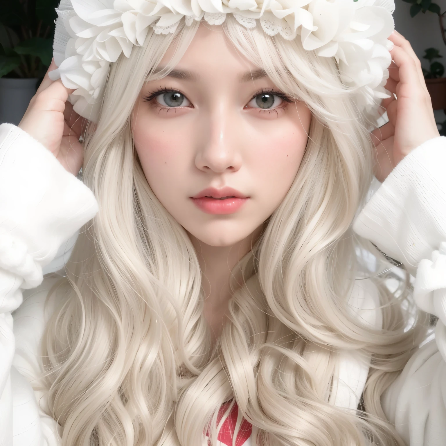 araffe girl with long blonde hair wearing a white hat, with white long hair, with long white hair, long white hair and bangs, perfect white haired girl, ulzzang, long wavy white hair, her hair is white, girl with white hair, wavy white long hair, white curly hair, white bangs, white hime cut hairstyle