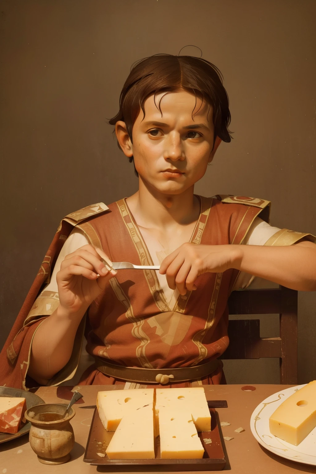 Rome, 77 BC. A little ((((9-year-old)) Julius Caesar)), in a tabern, drinking wine, eating cheese, ((happy but moody expression)). ((((roman clothings from the 1st century BC))))
