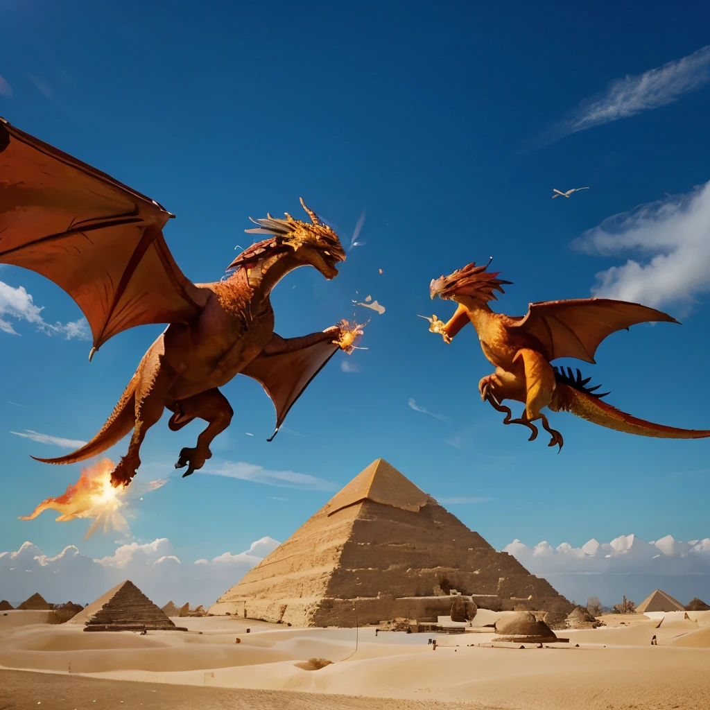 A flaming phoenix and a dragon are fighting, and the pyramids under the blue sky are natural images, 8k.realist