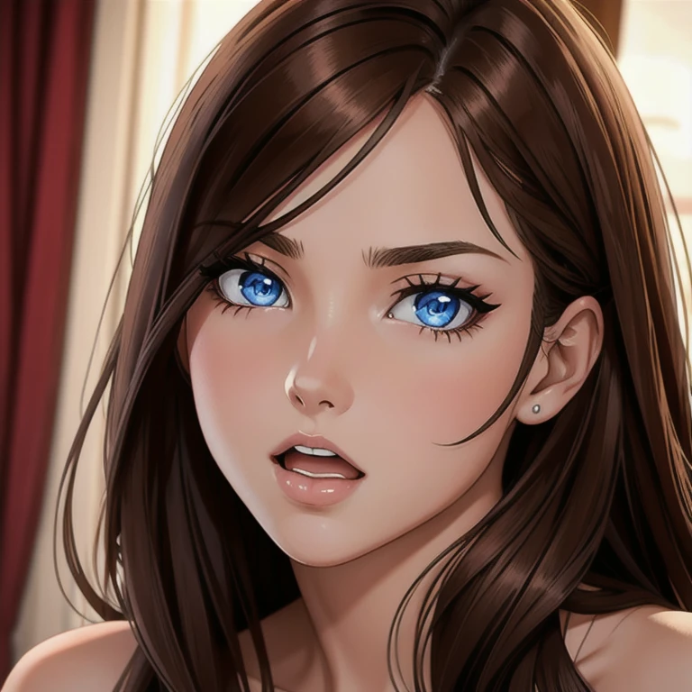 heroine, very detailed, long brown hair, blue eyes, full body, NSFW, red blush, blushing, slim abdomen: 1.2, detailed eyes, sexy, undressed, naked, wet body, open mouth, cum on vagina, screaming, creampie, The most beautiful face, big and regular breasts, NSFW, restrained, red blush, face to face, kissing
