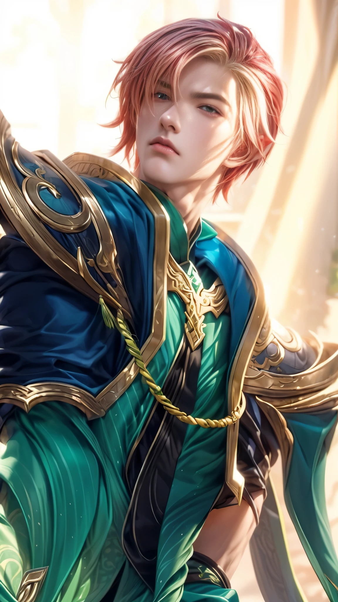 a close up of a man  silver red hair  and a green outfit, casimir art, extremely detailed artgerm, artgerm. high detail, zhao yun, artgerm detailed, heise jinyao, shadowverse style, inspired by Huang Shen, male blonde elf ranger, inspired by Shen Zhou, sakimi, character art closeup