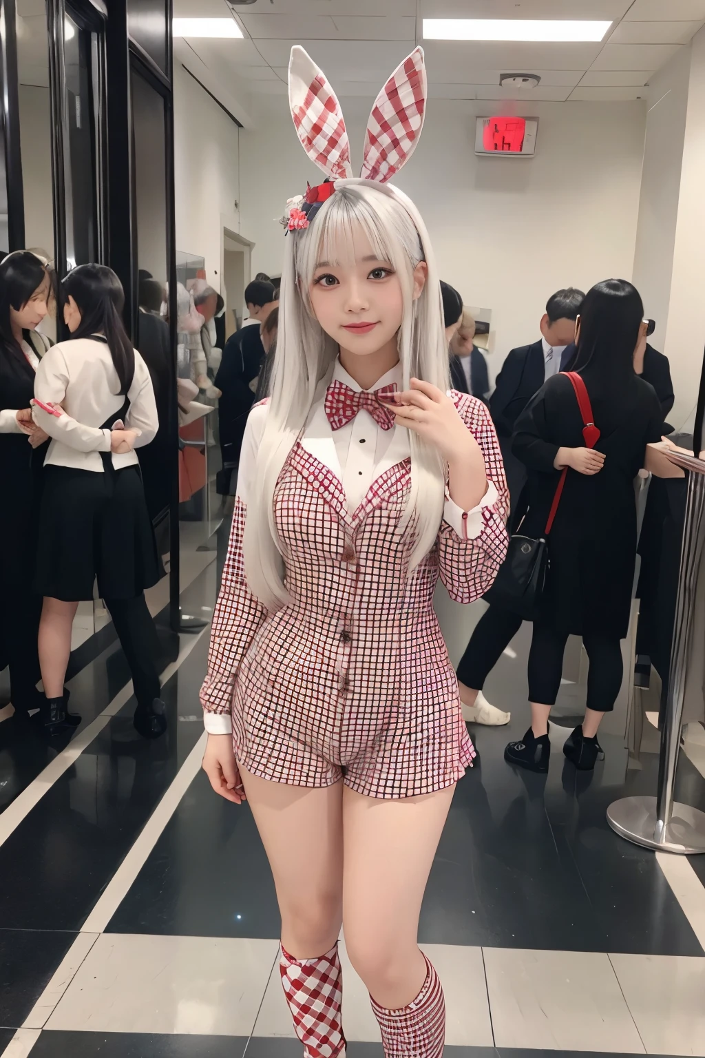 fairy tale bunny girl、red checkered leotard bunny suit、Full body Esbian、、 white hair、