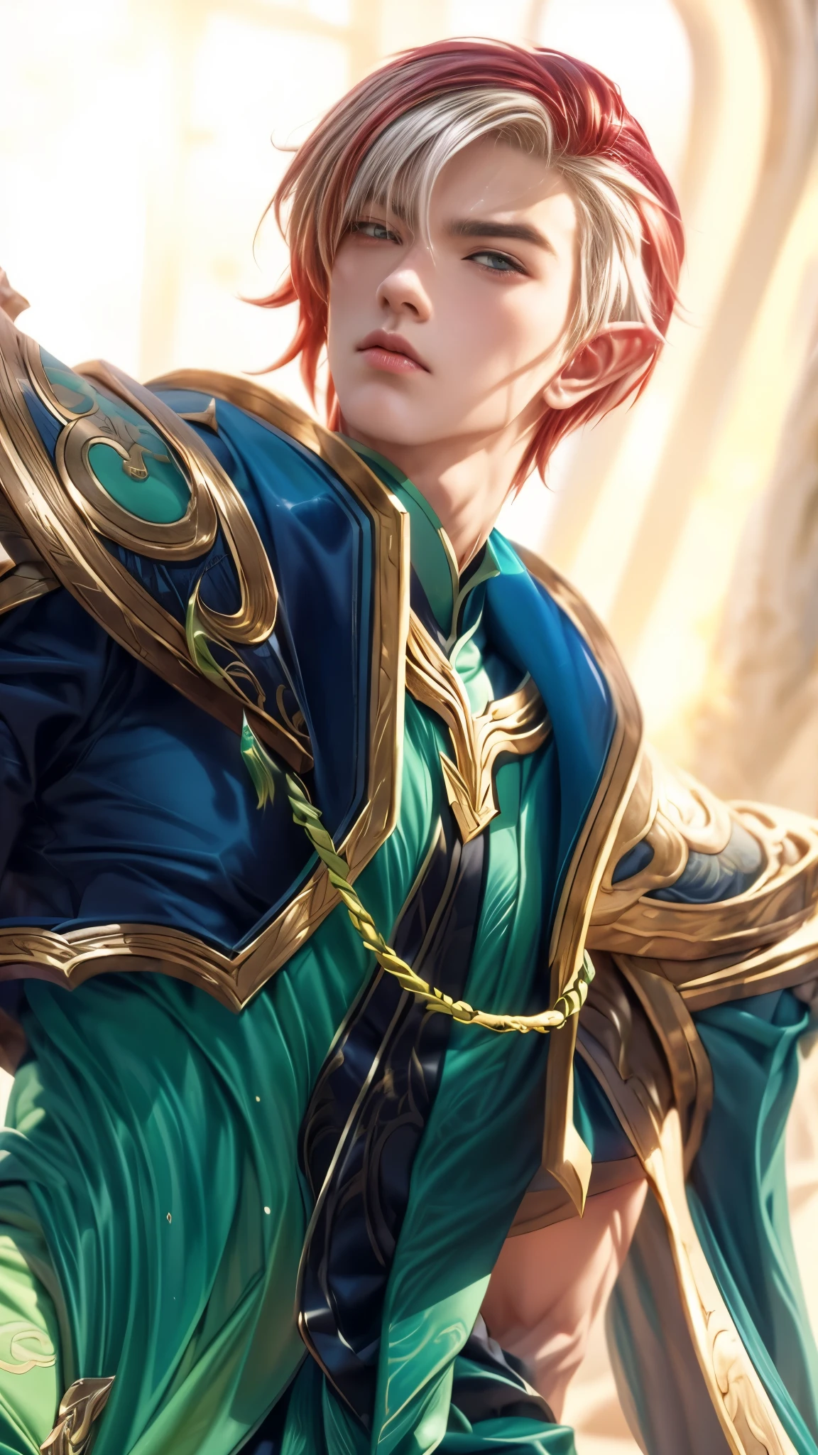 a close up of a man  silver red hair  and a green outfit, casimir art, extremely detailed artgerm, artgerm. high detail, zhao yun, artgerm detailed, heise jinyao, shadowverse style, inspired by Huang Shen, male blonde elf ranger, inspired by Shen Zhou, sakimi, character art closeup