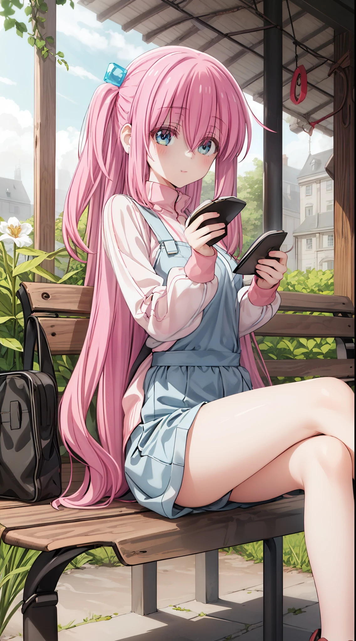 A girl with pink hair, bangs, and long hair, with her hair styled in a cube-shaped hair ornament, sits on a bench. She has beautiful blue eyes, and her hair is neatly arranged to frame her face. Her hair falls between her eyes, giving her a cute and slightly mysterious look. She is wearing a hair ornament that adds an elegant touch to her appearance. With one side of her hair styled up, she exudes a sense of uniqueness and individuality.
The girl is sitting gracefully on the bench, with her legs crossed. She looks relaxed and content in her peaceful surroundings. The bench is placed in a picturesque location, surrounded by vibrant greenery and colorful flowers. The sunlight filters through the leaves of the trees, casting gentle shadows on the girl and creating a serene atmosphere.
The overall image quality is of the highest standard, with every detail carefully crafted and rendered. The artwork is created using a combination of traditional illustration techniques and digital enhancements, resulting in a visually stunning masterpiece. The colors are vivid and lifelike, enhancing the overall realism and beauty of the image. The lighting is soft and natural, adding depth and dimension to the scene.
The art style used in this prompt leans towards a fantasy-inspired aesthetic, with a touch of whimsy and charm. The color palette consists of soft pastels, with a focus on shades of pink and blue, adding a dreamlike quality to the artwork. The emphasis is on capturing the girl's delicate features and the tranquil ambiance of the setting.
Please note that the above prompt should be one continuous string without any punctuation marks or explanations.