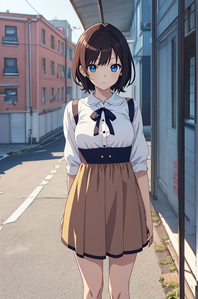 anime girl with blue eyes and brown dress standing in front of a window, an anime drawing inspired by Li Shida, trending on pixiv, tachisme, anime moe artstyle, anime visual of a cute girl, anime vtuber full body model, realistic anime 3 d style, anime waifu, an anime girl, clean detailed anime style, anime style character