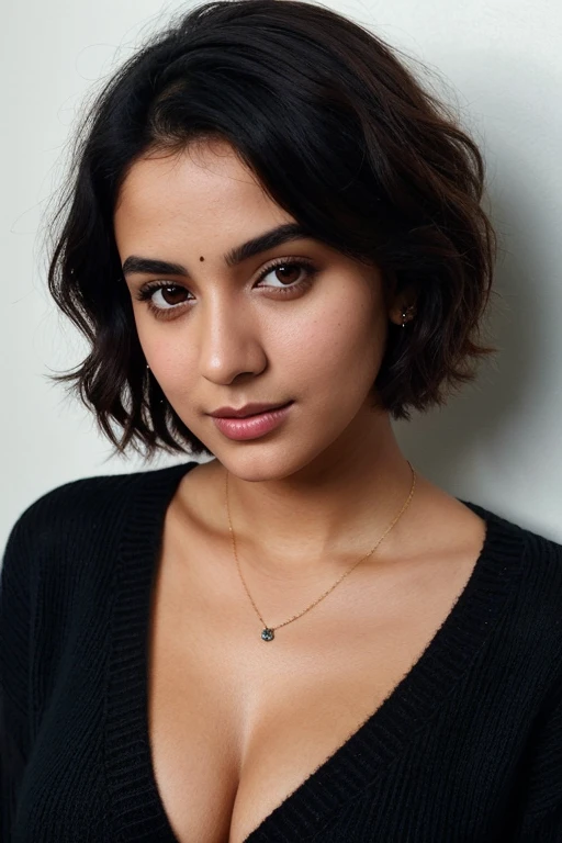 instagram photo, 21yo french woman, short hair, black hair, closeup portrait, sweater, cleavage, pale, hard shadows. Make Indian Version Full realistic and in background Black colour and wear whit colour dress and jeans