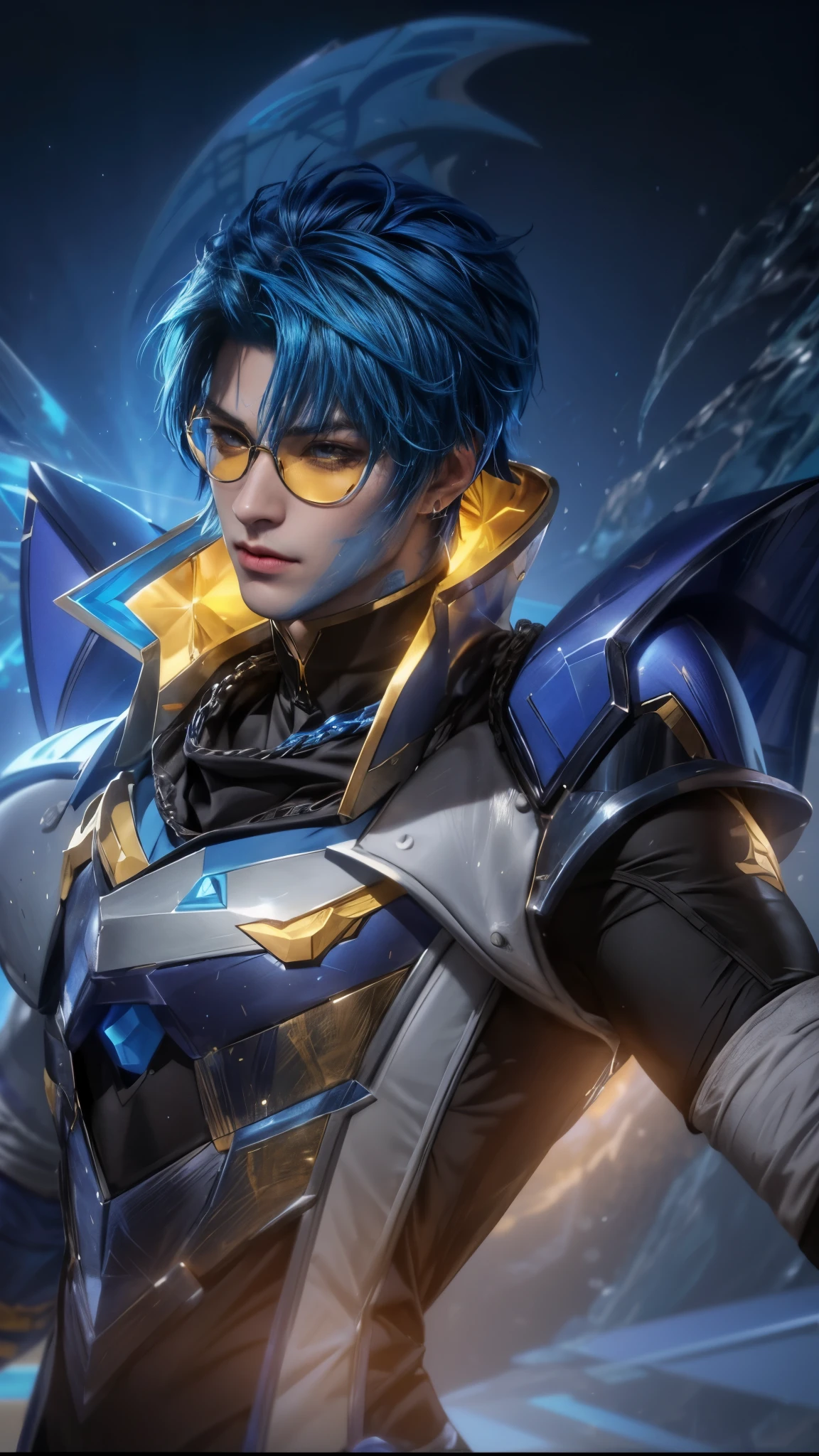 a close up of a man make a gold glasses with a blue hair and a blue and yellow outfit, pharah, kda, heise jinyao, nova, style of kieran yanner, official splash art, ashe, hero 2 d fanart artsation, freezing blue skin, character splash art, crystalline skin, tane skin, portrait of rung, leblanc