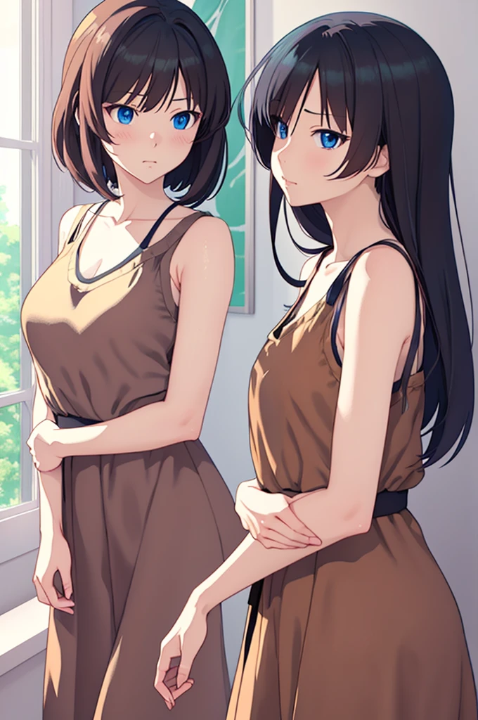 anime girl with blue eyes and brown dress standing in front of a window, an anime drawing inspired by Li Shida, trending on pixiv, tachisme, anime moe artstyle, anime visual of a cute girl, anime vtuber full body model, realistic anime 3 d style, anime waifu, an anime girl, clean detailed anime style, anime style character