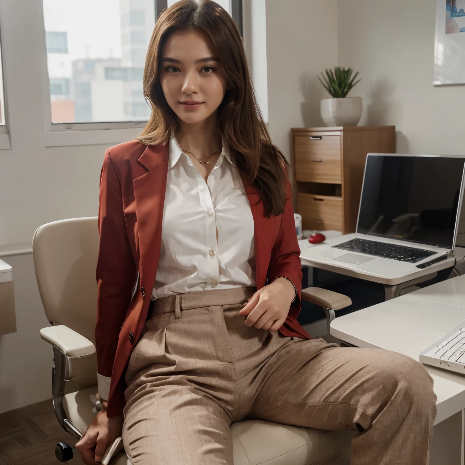 top-quality、masterpiece、超A high resolution、(realisitic:1.4)、Bautiful Women1、Beautiful detail eyes and skin、smile、Light brown middle-cut hair, She is Wearing a shirt and red suit, gorgeous chinese model, photo of slim girl model, IG-Modell, beautiful female model, 24, 24 years old, shirt and red suit, white skin, long-sleeved shirt, office, sitting on the chair in office room, a laptop, women's trousers