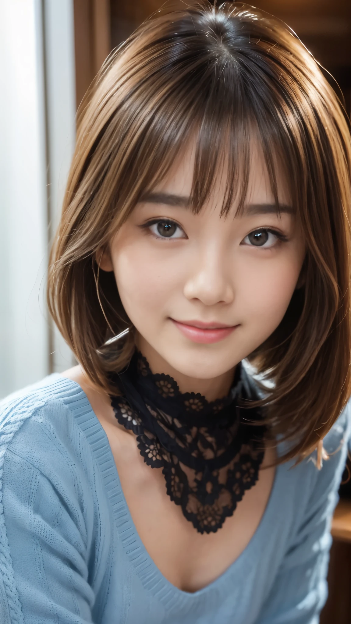 (A very cute 20 year old young woman from Japan),  ((delicate hair between brown and blonde)), ((messy side wave short hair)),medium bust size､small breasts､ (((Clean hands)))，(curly hair)，(((very kind smile))), (((she wears black lace panties)))，(((Wearing a super short light blue knit dress)))，(((I&#39;m wearing a light blue knit dress。))) ((top quality, 16K, table top: 1.3)), light shines on your face, highly detailed face, highly detailed lips, fine eyes, city street，angle from below:1.5，Holding nothing in the hands、