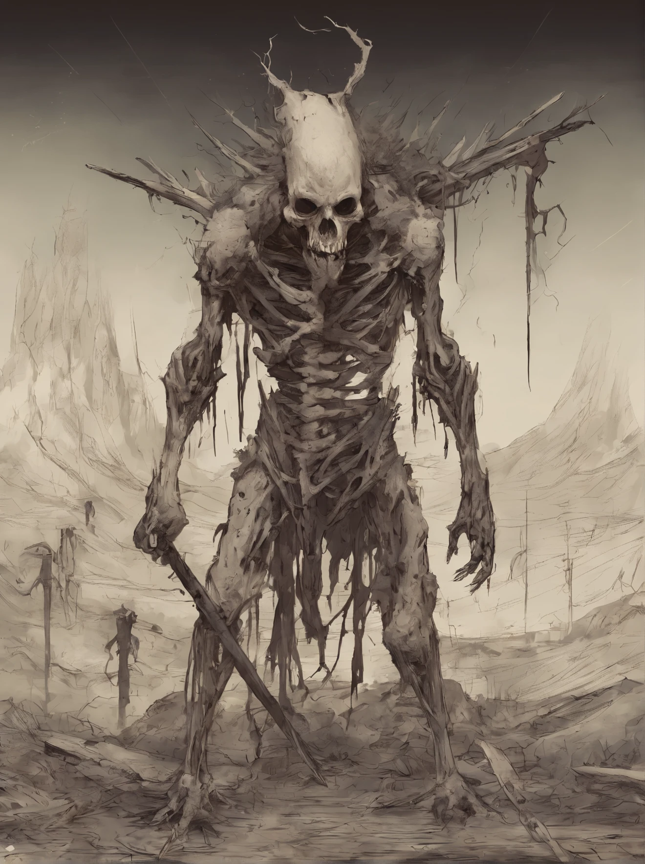 tall monster without head (headless), no face, (faceless) rotten flesh, rotten skin, having holes on skin, bones, having blades on it's hands, (Blades on arms), using 2 blade swords, bone blades, mob, scarry creature, 4k, detailed painting, painting style, ugly monster, awful, horror monster, paint artifacts, sepia, no landscape, night, horror mob, estetic art, digital art style,