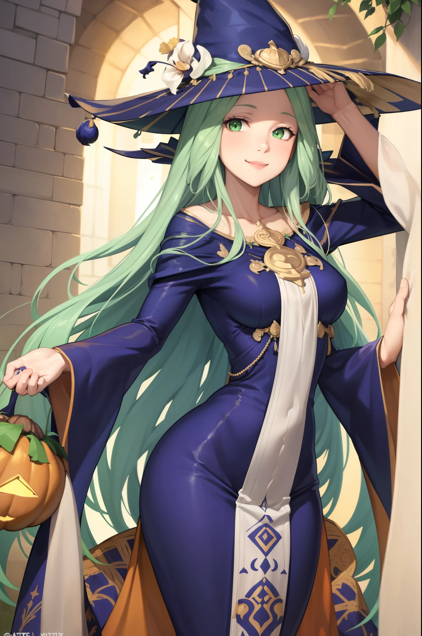 a light green haired female witch with pink eyes with an hourglass figure wearing a Victorian dress is growing a flower with a big smile