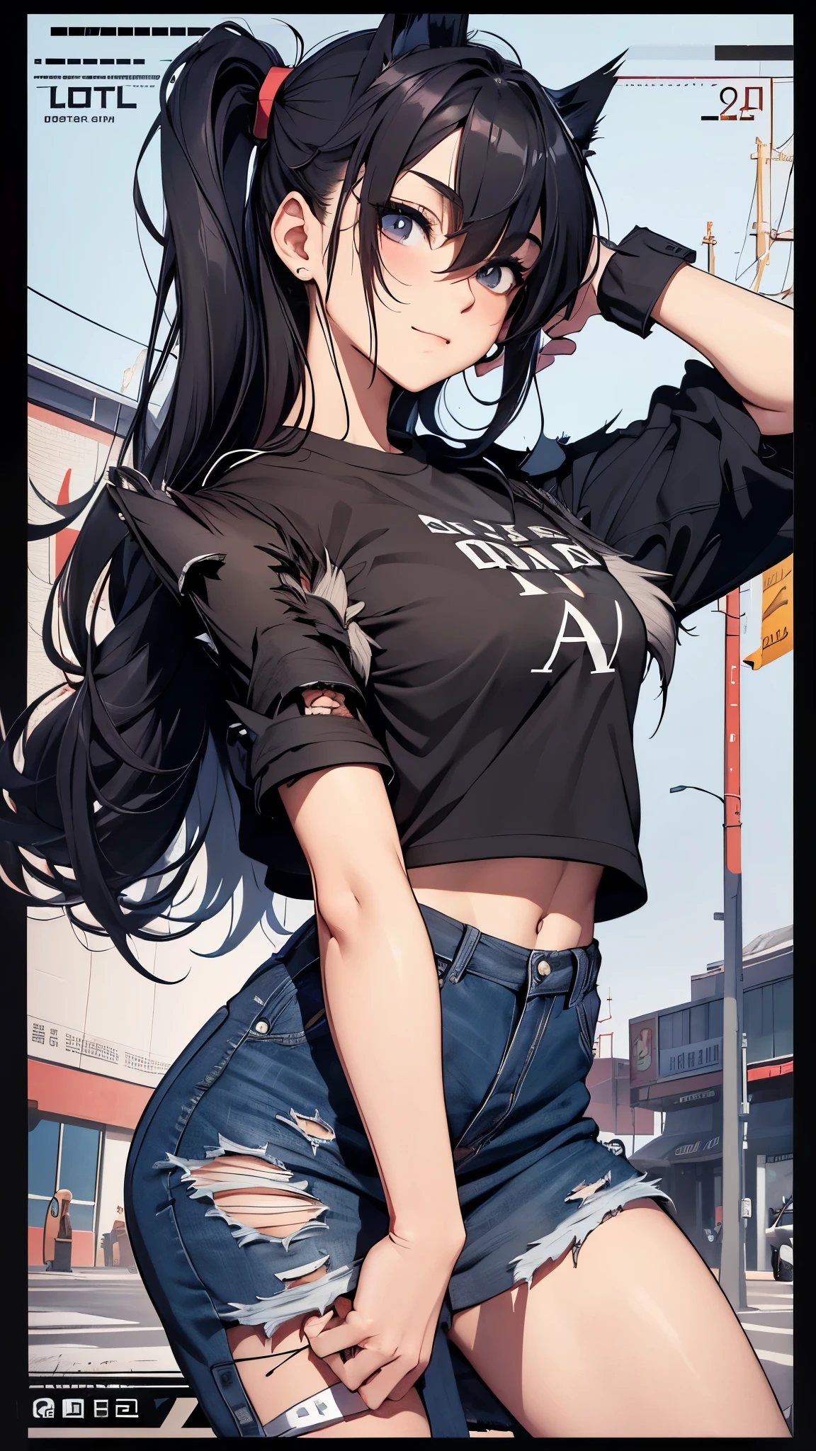 最high quality、Best image quality、masterpiece、age girl((18 years old、 by becoming、vest bust、medium bust,Big chest tea、black eyes, black hair、long hair、thin,highest valley、Tattered black t-shirt(2:3)、cute smile,damaged pants(2:3)、perforated gloves、knee support、bubble gum)),high quality、beautiful art、background((cyber gym)),debris flying、writing border depth、、visual art、perfect art、8k,real